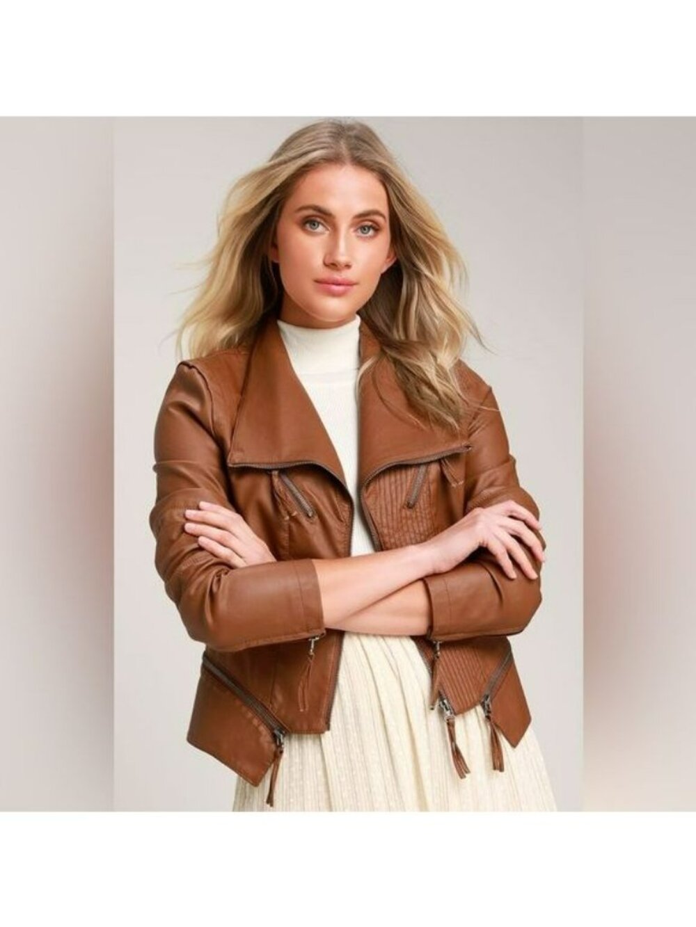 Lulu's Brown Faux Leather Vegan Moto Jacket Womens S Boho Country Western